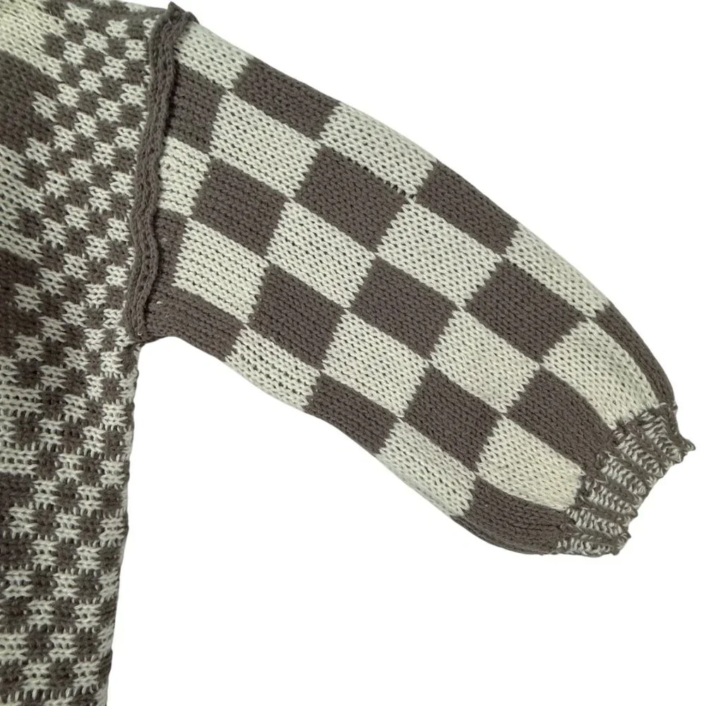 1X Talulah Check Cardigan Sweater Oversize Balloon Sleeve Taupe Cream Boutique - Picture 9 of 9